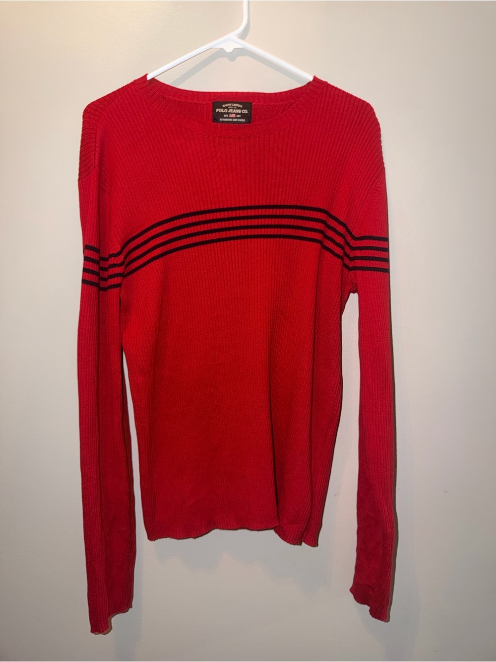 Ralph Lauren polo jeans co. Size Large Red Crewneck Sweater with Black Stripes